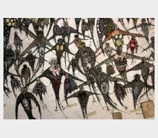 Oiseaux, 80x120cm, aquarelle, encre de chine, collage, tissus, petites têtes en céramique (Made by Mariette)